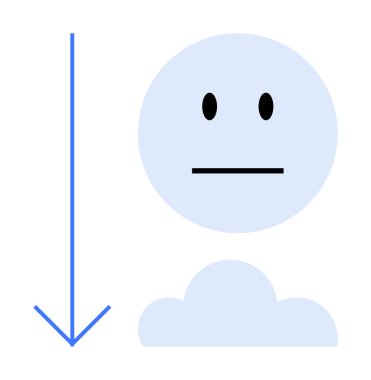 Bir bulut simgesinin üzerine yerleştirilmiş, aşağı doğru inen veya azalan oku simgeleyen tarafsız yüz sembolü. Konseptler için ideal duygu, üretkenlik, geçiş, geri bildirim, zihinsel durum, değişim
