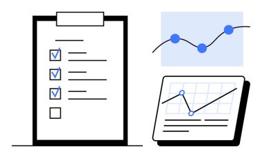 İşaretli görevleri olan kontrol listesi, çizilmiş noktaları olan satır grafiği ve veri tableti gösteren tablet. Organizasyon için ideal, ilerleme izleme, analitik, iş, raporlama, üretkenlik basit düz