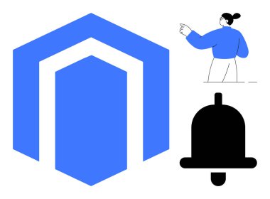 Mavi altıgen şekil, siyah uyarı zili ve minimalist insan hareketi. İletişim, rehberlik, markalaşma, alarmlar, takım yönetim bildirimleri ve e-ticaret için ideal. Basit düz