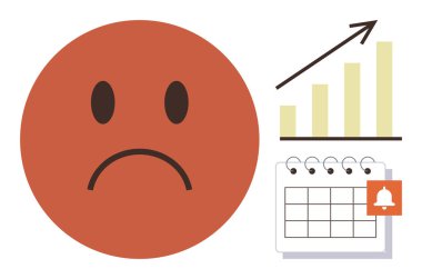Yukarı doğru eğilimli grafik ve takvimin yanında hüzünlü bir yüz. Zaman yönetimi, üretkenlik, duygusal zeka, stres yönetimi, iş-yaşam dengesi, hedef belirleme, kişisel