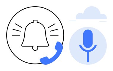 Bir mikrofon ve bulut sembolü ile birlikte bir telefon ahizesi ile ses yayan bir uyarı çanı. İletişim, alarmlar, aramalar, ses kaydı, mesajlaşma, müşteri hizmetleri, hatırlatmalar için ideal