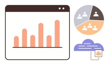 Bir tarayıcı penceresi içinde çubuk çizelgesi, takım yapısını gösteren segmentli çember, belge yükleme ile bulut. Veri analizi, takım çalışması, bulut depolama, iş anlayışı, işbirliği, dijital