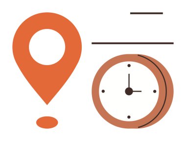 Konum ve saat birleşimi, zamanı ve yeri koordinasyonunu vurguluyor. Seyahat, programlama, zaman yönetimi, navigasyon, teslim tarihleri, planlama için ideal. Basit düz metafor