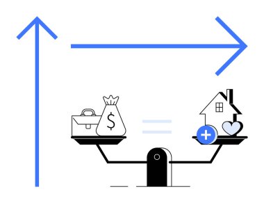 Finansal denge kavramı. Finansal dengeyi parayla ve yaşam tarzını teraziyle görselleştirmek. Finansal karar verme, öncelikler ve uyum. Kişisel finans, refah yönetimi, yatırım için