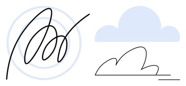 Mavi bulut ikonu, soyut karalama ve dairesel desen yaratıcılık, teknoloji, çevre, hayal gücü, tasarım, yenilik ve dijital kavramları işaret eder. Basit bir düz metafor için ideal.