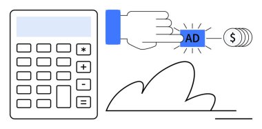 Hesap makinesinin yanındaki dolar sikkelerine bağlı el ile reklam düğmesine basarak reklam harcamalarını, bütçe hesaplamalarını ve pazarlama analitiğini sembolize ediyor. Reklam, bütçe, ROI, e-ticaret, maliyet değerlendirmesi PPC için ideal