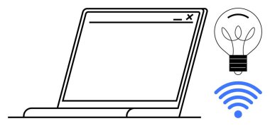 Bilgisayarı bir ampul ve kablosuz sinyalin yanına aç. Teknoloji, yenilik, uzak çalışma, eğitim, bağlantı, yaratıcılık, beyin fırtınası, basit düz metafordaki dijital çözümler için ideal