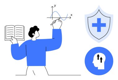 Veri analiz konsepti. Öğrenme, analiz ve güvenliği vurgulayan grafiklerle veri ile çalışan bir kişi. Veri analizi zihinsel büyümeyi ve eğitim, iş dünyasında korunmayı destekliyor