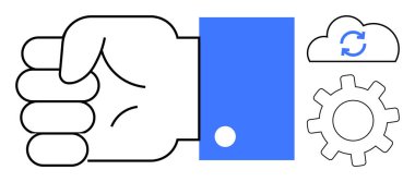 Çarkın ve senkronize bulutun yanında yumruk hareketi. Takım çalışması, süreç kontrolü, bütünleşme, bulut hesaplama, iş akışı otomasyonu, strateji ve teknoloji için ideal. Basit düz metafor