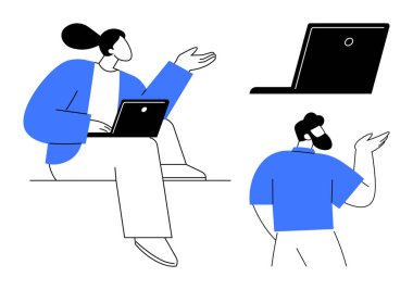 Bilgisayarlarla tartışan, işbirliği ve dijital çalışmaları ifade eden insanlar. Takım çalışması, iletişim, teknoloji, uzaktan çalışma, modern yaşam tarzı, eğitim, yenilik için ideal