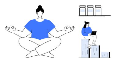 Lotus 'ta meditasyon yapan kişi kavanozların yanında poz verirken, diğeri de bar tablolarında dizüstü bilgisayarla çalışıyor. Sağlık, iş-yaşam dengesi, verimlilik, farkındalık, sağlık, büyüme basitliği için idealdir. Modern