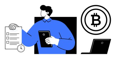 Tablet, Bitcoin sembolü ve dizüstü bilgisayarı yakınlarda tutarken kontrol listesi inceleniyor. Kripto para birimi, finans, yönetim, teknoloji, zaman yönetimi, dijital ekonomi için ideal basit düz metafor
