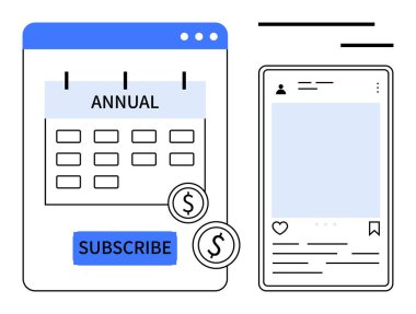 Takvim yıllık olarak işaretli, dolar işaretli abone düğmesi ve simgelerle mobil arayüz. Üyelik modeli, ödeme sistemleri, bütçe, uygulama tasarımı, e-ticaret, planlama pazarlaması için ideal