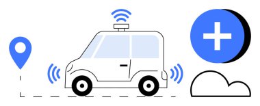 Özerk araç. Akıllı taşıma için dijital sinyallere bağlı otonom bir araç. Otonom araç bulut ve konum haritası ile bütünleşir. Ulaşım, yenilik, teknoloji, yapay zeka için