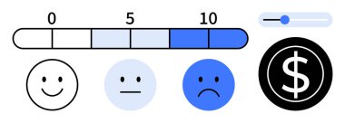 Derecelendirme çubuğu, kaydırma, mutlu-nötr-üzgün ifadeler ve değerlendirmeyi, memnuniyeti, para kazanmayı vurgulayan dolar işareti. Kullanıcı deneyimi, değerlendirmeler, derecelendirme sistemleri müşteri ilişkileri için idealdir