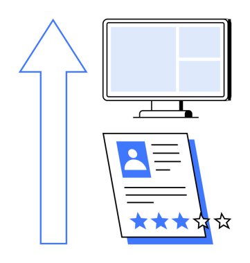 Mavi yukarı doğru ok, bölünmüş bölümlü bilgisayar monitörü, ve yıldız dereceli bir özgeçmiş. Kariyer geliştirme, performans değerlendirmesi, işe alım, değerlendirme, HR süreci, iş büyümesi için ideal