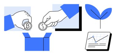 Bir kutuya katkı sağlayan bozuk paraları tutan eller, büyüme yaprağı filizlenmesi, yukarı doğru eğilimli grafik çizelgesi. Yatırım, tasarruf, kitle fonlama, büyüme, finans, takım çalışması sürdürülebilirliği için ideal
