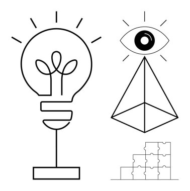Yaratıcılık konsepti. Yaratıcılık, bir ampul, göz ve yapboz parçalarının geometrik çizimleriyle ifade edilir. Yaratıcılık, problem çözme ve yenilikle bağlantılıdır. Tasarım, iş, eğitim için
