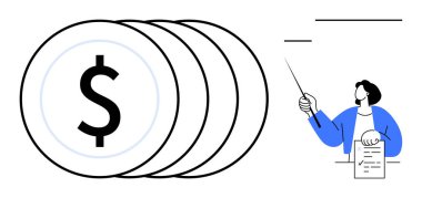Kağıt tutanın yanında dolar işareti olan ve verileri gösteren büyük boy sikkeler. Finans, sunum, yatırım, analiz, öğretim, iş stratejisi için ideal, basit düz metafor