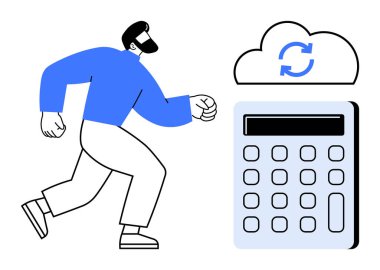 Sakallı adam bulut senkronizasyonu simgesiyle hesap makinesine doğru yürüyor. Finans, muhasebe, dijital araçlar, modern çalışma, bulut teknolojisi, otomasyon, veri yönetimi için idealdir. Minimalist düz metafor