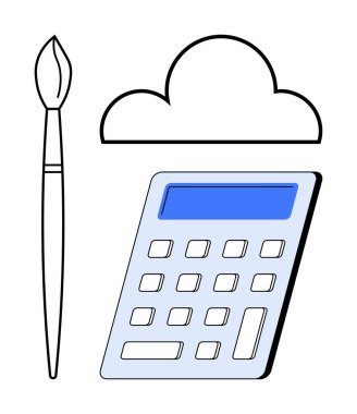 Boya fırçası, bulut çizgisi ve hesap makinesi yaratıcılık, teknoloji ve mantığı birleştiriyor. Yenilik, sanat, eğitim tasarımı üretkenlik ve beyin fırtınası için ideal. Basit düz metafor