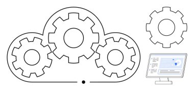 Birbirine kenetlenmiş vitesli bulut ana hatları teknoloji senkronizasyonunu simgeliyor. Veri gösterge panelini görüntüleyen monitör yenilik, optimizasyon ve dijital çözümleri vurgular. Teknoloji ve bulut için ideal