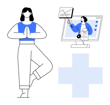 Sağlık konsepti. Sağlık pratiği, sanal öğrenme ve odaklanmada yoga ve farkındalık yardımını destekler. Sağlık ve verimliliği teşvik eder. Sağlık, e-öğrenme, odaklanma ve stres için harika