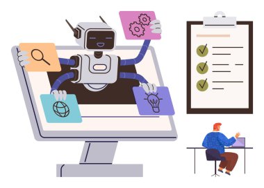 Robot monitörden çoklu görev yaparken profesyonel biri de kontrol listesini inceliyor. Teknoloji, yapay zeka, verimlilik, iş akışı, yenilik, otomasyon ve yönetim için ideal. Basit düz