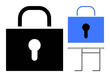 Masa elementli siyah ve mavi asma kilit simgeleri. Konseptler için ideal güvenlik, gizlilik, veri koruması, erişim kontrolü, güvenlik önlemleri, siber savunma ve gizlilik. Basit düz metafor