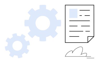 İş akışını, takım çalışmasını ve verimliliği temsil eden birbirine bağlı viteslerin yanında belge. Verimlilik için ideal, dijital dönüşüm, otomasyon, yenilik, proje planlaması, problem çözme basit