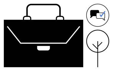 Siyah evrak çantası profesyonelliği simgeler, iletişim işaretli konuşma baloncukları, seçimler için minimalist karar ağacı. Kariyer için ideal, karar verme, planlama, ağ oluşturma, strateji