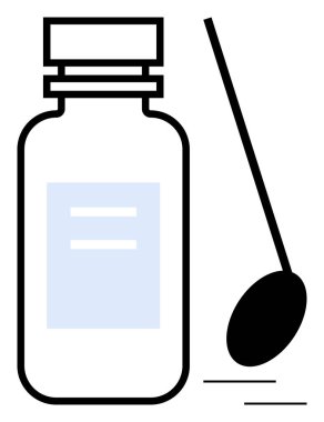 Etiketli ilaç şişesi ve bitişik kaşık dozajı, sağlık sigortasını, reçeteyi, tıbbi güvenliği temsil ediyor. Sağlık eğitimi, eczane, pediatrik bakım, talimatlar, sadelik için ideal