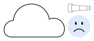 Bulut hesaplama görselleştirme. Bulut şekilli bulut hesaplama, teleskop ve hüzünlü bir yüz simgesi. Bulut hesaplama yeniliği, teknolojide duygular, veri depolama. Bilişim teknolojisi için, teknolojik trendler duygusal teknolojiler