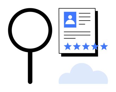 Yıldız reytingleri ve bulut grafikli bir profil belgesini inceleyen büyüteç. Veri doğrulama, HR, iş başvuruları, çevrimiçi değerlendirmeler, dijital depolama, analitik, değerlendirme sistemleri için ideal