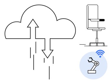 Veri transferi için okları olan bulut, ergonomik sandalye, bağlantı simgesi olan robotik kol. Teknoloji, bağlantı, işyeri, otomasyon, bulut depolama, yenilik dijital dönüşüm için ideal