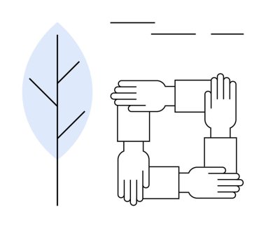 Eller, büyümeyi ve sürdürülebilirliği sembolize eden minimalist bir ağacın yanında birlik, güven ve takım çalışmasını simgeleyen bir kare oluşturuyor. İşbirliği, sürdürülebilirlik, çevre, takım çalışması, büyüme için ideal