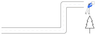 Navigasyon konsepti. Yol kıvrımlı bir harita tutan bir kişi ve ağacın yön ve yönü. Navigasyon yardımları karar verme, kentsel planlama, seyahat uygulamaları, eğitim