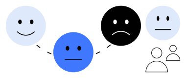 Mutlu, nötr ve üzgün bir duygusal değişimi temsil eden üç birbirine bağlı yüz basit çizgi bağlantılarıyla. Ruh sağlığı, duygusal farkındalık, takım çalışması, ilişkiler, empati, iletişim için ideal