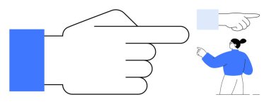 Büyük bir el ve cesur bir jest sağ tarafı işaret ediyor, daha küçük bir figür de yönü yansıtıyor. Yönlendirme, yönlendirme, liderlik, takım çalışması, karar verme, iletişim için ideal