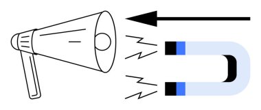 Pazarlama stratejisi konsepti. Müşteri çekimini ve nişanlanmayı vurgulayan bir megafon ve mıknatıs. Pazarlama iletişim ve seyirci ilgisi üzerine odaklanır. Reklam ve satış için ideal.
