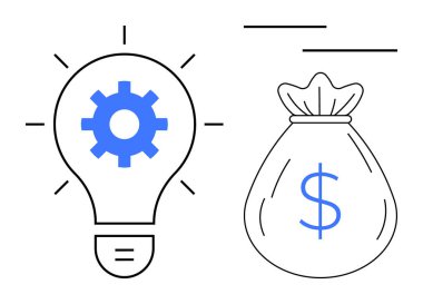 Yenilikçiliği temsil eden bir vitesli ampul ve para çantasının yanında finansal hedefleri ya da iş başarısını simgeleyen bir sorun çözme aracı. Girişimcilik, girişimcilik, yatırım ve yenilik için ideal