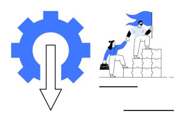 Aşağı doğru ok atan bir vites, iki profesyonel bulmaca basamaklarını tırmanıyor, el ele tutuşuyor, üstünde bayrak var. Takım çalışması, liderlik, hedef belirleme, problem çözme stratejisi danışmanlık büyümesi için ideal. A