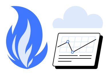 Analiz, bulut teknolojisi ve riski temsil eden yükselen bir trend çizgisinin yanındaki mavi alev. Veri görselleştirme, iş, teknoloji, enerji, finans bulut hizmetleri güvenliği için ideal