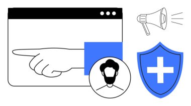 Tarayıcı penceresine el işareti, erkek profil avatarı, çapraz kalkan, hoparlör. Çevrimiçi güvenlik, rehberlik, kullanıcı profilleri, güvenlik mesajları, destek duyuruları için ideal basit düz