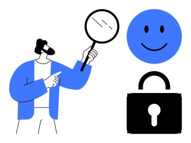 Güvenlik kavramı. Görsel unsurlar arasında büyüteç, gülen yüz ve asma kilit güvenliği de var. Veri korumada güvenlik, çevrimiçi mahremiyet ve gerçeklik. Siber güvenlik için ideal