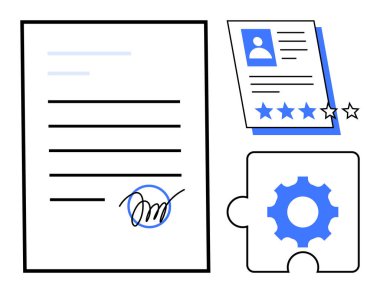 İmzalanmış belge, yıldız dereceli detaylı aday profili ve süreç optimizasyonunu sembolize eden dişli bulmaca parçası. İşe alım, işe alım, İK yönetimi, onaylar, takım çalışması, iş akışı için ideal
