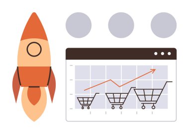 Alış veriş arabaları ve yukarı ok ile roket illüstrasyonu, ekomünikasyon büyümesini, iş başarısını, başlangıç satışını, çevrimiçi satışları, momentum, yenilik ve stratejik planlamayı sembolize ediyor