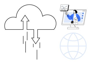 Bulut hesaplama konsepti. Veri oklarıyla bulut hesaplaması çevrimiçi veri transferini gösterir. Bulut hesaplaması e-öğrenmeyi ve küresel bağlantıyı destekler. IT, eğitim, teknoloji, iş için