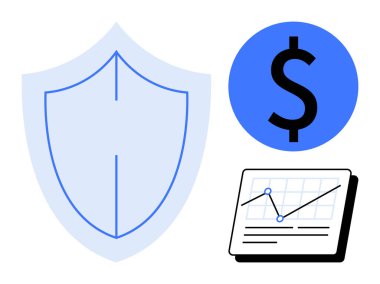 Kalkan güvenliği vurguluyor, finans için dolar simgesi ve ilerleme için büyüme tablosu. Bankacılık, sigorta, tasarruf, istikrar, yatırım riski yönetimi ekonomik güvenliği için idealdir. Basit düz