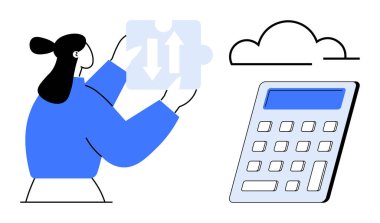 Hesap makinesi ve bulutun yanında elinde oklarla bir yapboz parçası tutan kadın. Strateji, analiz, çözümler, problem çözme, bulut depolama, işbirliği ve yenilik için ideal. Basit düz metafor